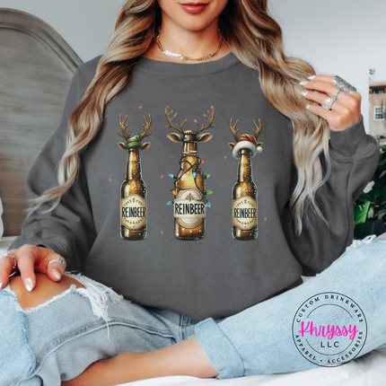 Model wearing the Reinbeer reindeer beer crewneck sweatshirt in Charcoal.
