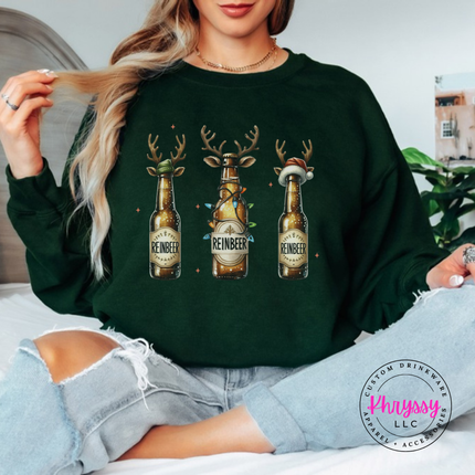 Forest crewneck sweatshirt showing antlered beer bottles with twinkle lights.
