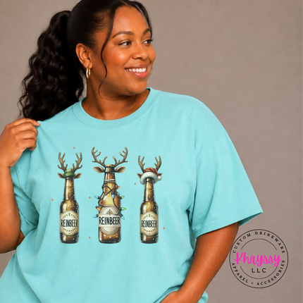 Close up of the Reinbeer reindeer beer art on a Chalky Mint tee.