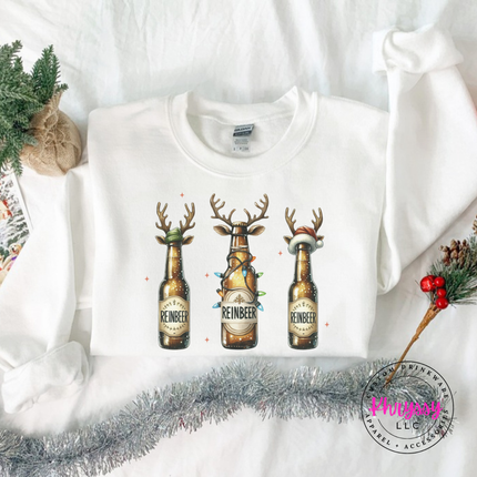 Flat lay of the Reinbeer reindeer beer Christmas crewneck sweatshirt in White.