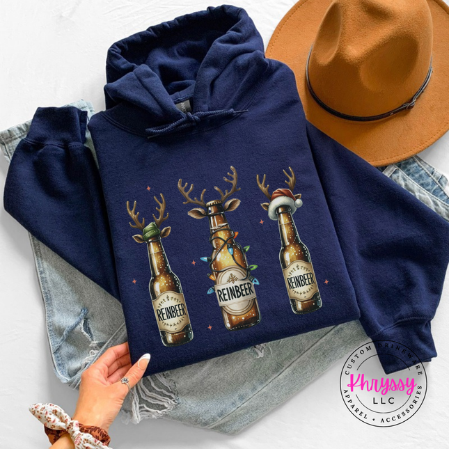 Close up of the Reinbeer reindeer beer art on a Navy hoodie.