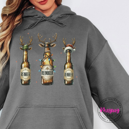 Model wearing the Reinbeer reindeer beer hoodie in Charcoal.