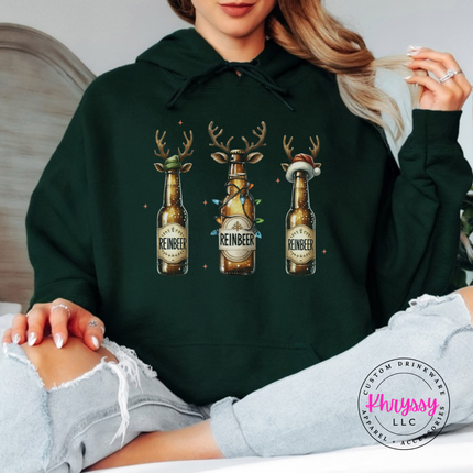 Forest hoodie showing antlered beer bottles with twinkle lights.