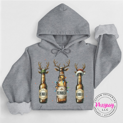 Flat lay of the Reinbeer reindeer beer Christmas hoodie in Graphite Heather.