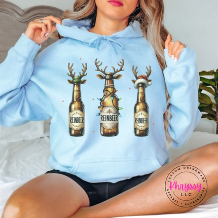 Light Blue hoodie featuring three reindeer beer bottles with Reinbeer labels.