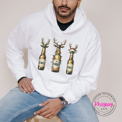 Flat lay of the Reinbeer reindeer beer Christmas hoodie in White.