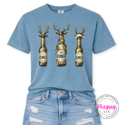 Ice Blue tee featuring three reindeer beer bottles with Reinbeer labels.