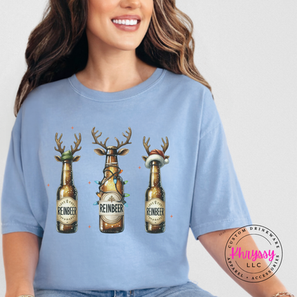 Washed Denim tee showing antlered beer bottles with twinkle lights.