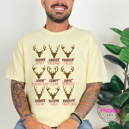 Butter tee featuring crossed out reindeer names and dinner puns.