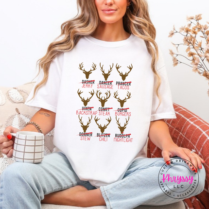 Flat lay of the Reindeer Crew hunting Christmas tee in White.