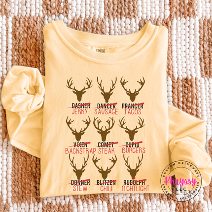 Butter long sleeve tee featuring crossed out reindeer names and dinner puns.
