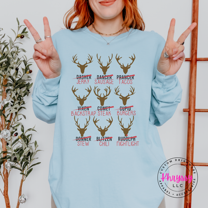 Close up of the Reindeer Crew hunting art on a Chambray long sleeve tee.