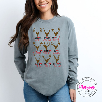Gray long sleeve tee showing nine antler mounts with funny menu puns.