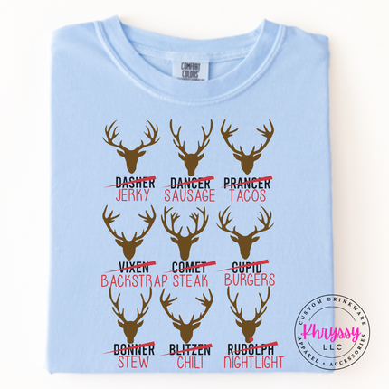 Flat lay of the Reindeer Crew hunting Christmas long sleeve tee in Hydrangea.