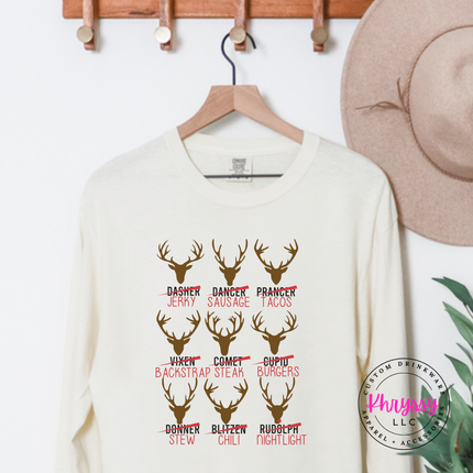 Model wearing the Reindeer Crew hunting long sleeve tee in Ivory.