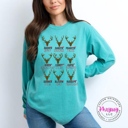 Close up of the Reindeer Crew hunting art on a Seafoam long sleeve tee.