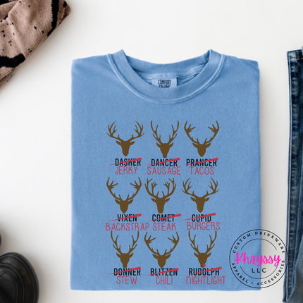 Washed Denim long sleeve tee showing nine antler mounts with funny menu puns.