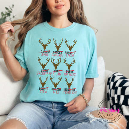 Model wearing the Reindeer Crew hunting tee in Chalky Mint.