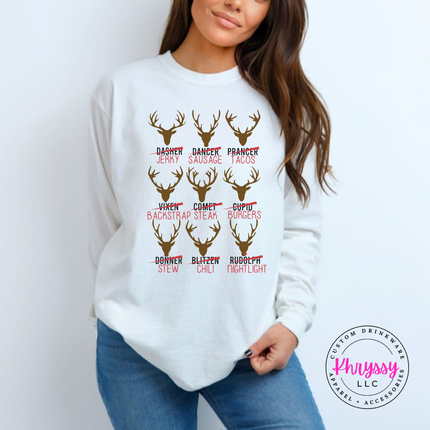 Flat lay of the Reindeer Crew hunting Christmas long sleeve tee in White.