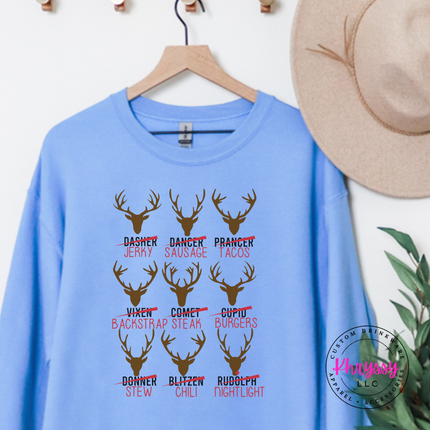 Model wearing the Reindeer Crew hunting crewneck sweatshirt in Carolina Blue.