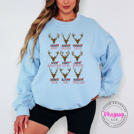 Flat lay of the Reindeer Crew hunting Christmas crewneck sweatshirt in Light Blue.