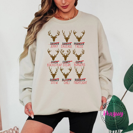 Close up of the Reindeer Crew hunting art on a Sand crewneck sweatshirt.