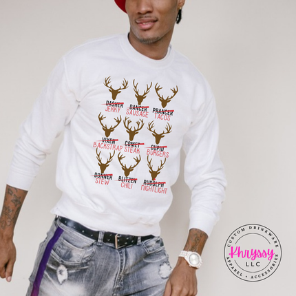 Flat lay of the Reindeer Crew hunting Christmas crewneck sweatshirt in White.