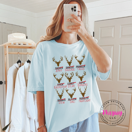 Close up of the Reindeer Crew hunting art on a Chambray tee.