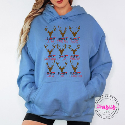 Model wearing the Reindeer Crew hunting hoodie in Carolina Blue.