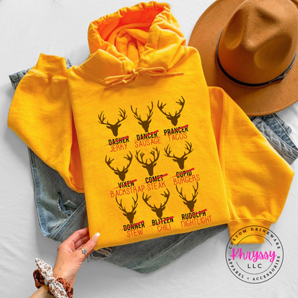 Close up of the Reindeer Crew hunting art on a Gold hoodie.