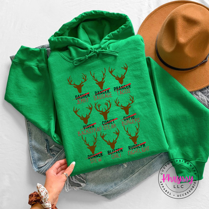Irish Green hoodie showing nine antler mounts with funny menu puns.