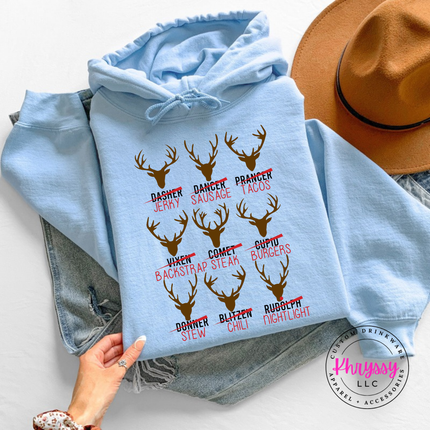 Flat lay of the Reindeer Crew hunting Christmas hoodie in Light Blue.