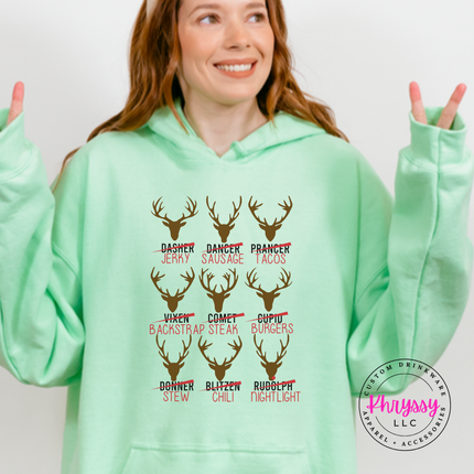 Mint Green hoodie featuring crossed out reindeer names and dinner puns.