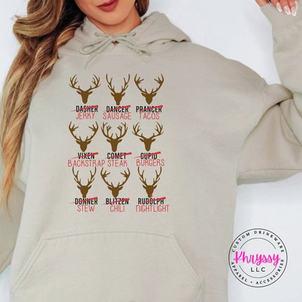 Close up of the Reindeer Crew hunting art on a Sand hoodie.