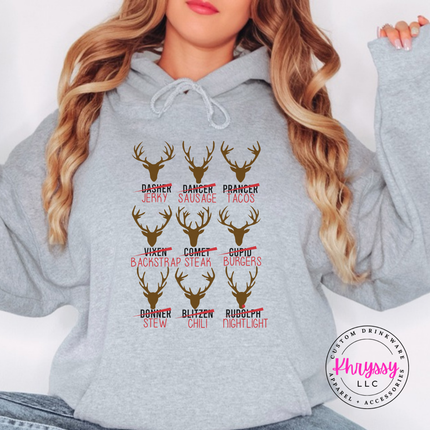 Sport Gray hoodie showing nine antler mounts with funny menu puns.