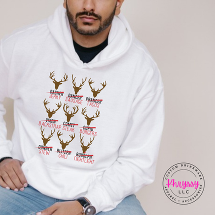 Flat lay of the Reindeer Crew hunting Christmas hoodie in White.
