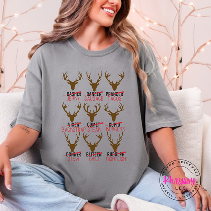 Gray tee showing nine antler mounts with funny menu puns.