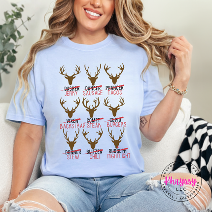 Flat lay of the Reindeer Crew hunting Christmas tee in Hydrangea.