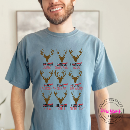 Ice Blue tee featuring crossed out reindeer names and dinner puns.