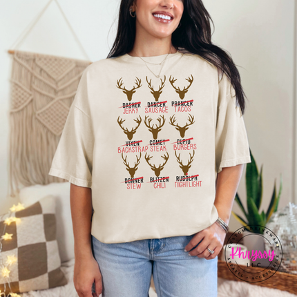 Model wearing the Reindeer Crew hunting tee in Ivory.