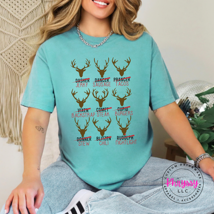 Close up of the Reindeer Crew hunting art on a Seafoam tee.