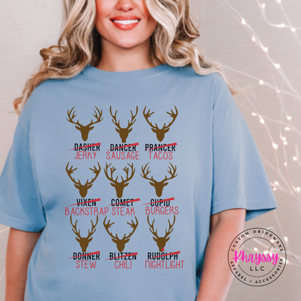 Washed Denim tee showing nine antler mounts with funny menu puns.