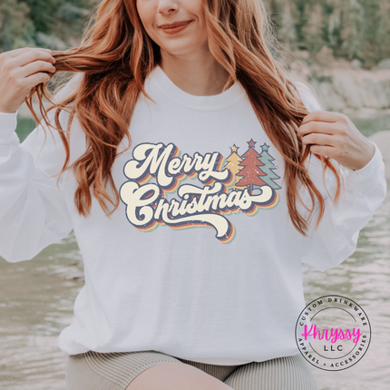 Flat lay of the retro Merry Christmas Christmas long sleeve tee in True Navy.