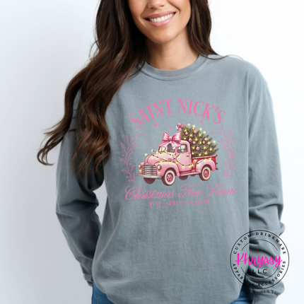 Gray long sleeve tee showing a Saint Nick's tree farm truck design.