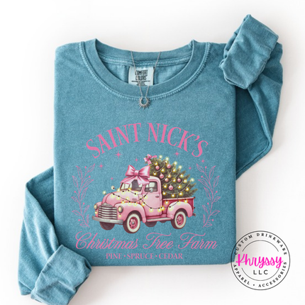 Ice Blue long sleeve tee featuring a vintage truck and tree farm wreath.