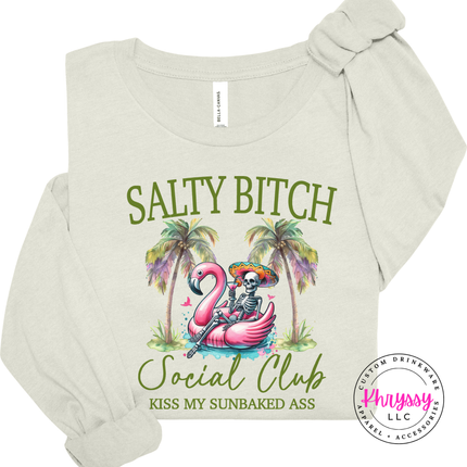 Natural shirt showing a funny salty beach social club graphic.