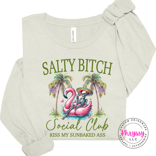 Natural shirt showing a funny salty beach social club graphic.
