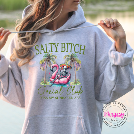 Ash grey hoodie with a sassy flamingo skeleton beach graphic.