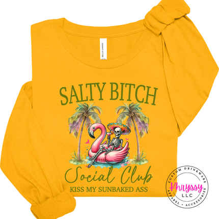 Citron yellow shirt with a sassy flamingo skeleton beach design.