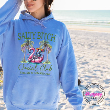 Carolina blue hoodie featuring a flamingo float skeleton graphic.